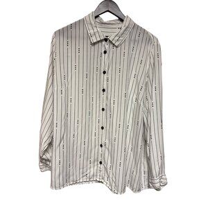 Ulla Popken Women's Blouse White Black Stripe Stars 100% Viscose Button Size 1X